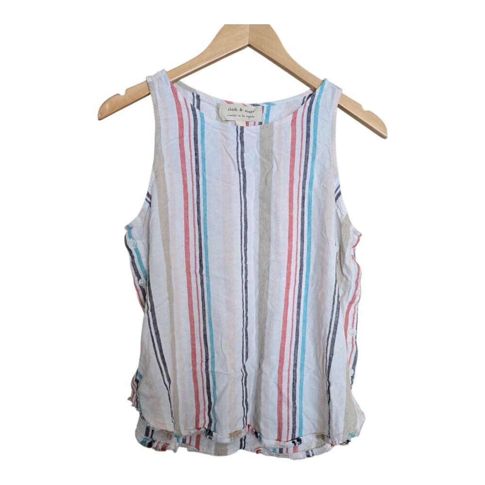 Cloth & Stone Anthropologie Multi Stripe Linen Tank Top Womens L Frayed Hem Flaw